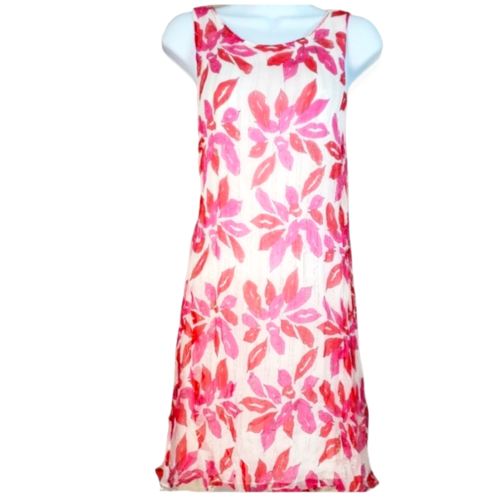 NWOT Julie Brown white pink & red lips floral silk shift dress Womens Medium